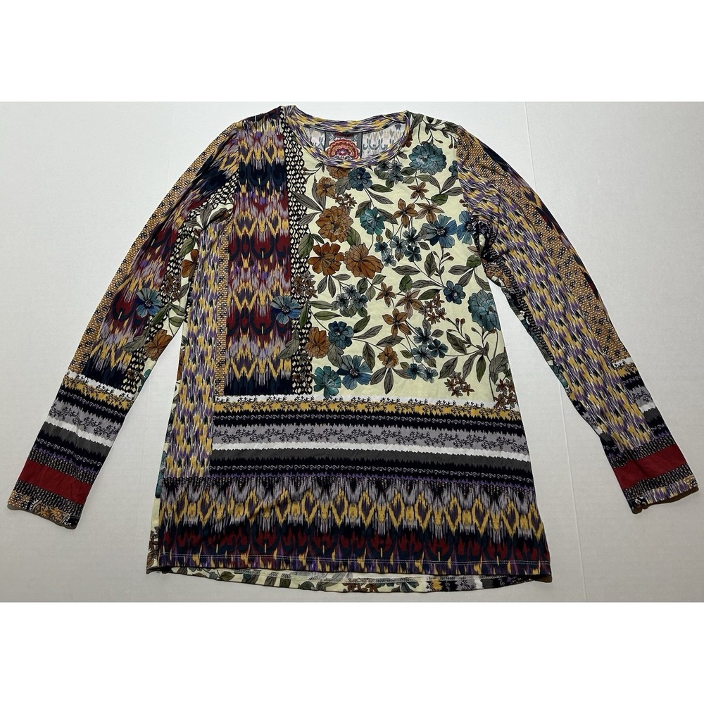 Johnny Was Top Womens Medium Floral Print 3/4 Sleeve Viscose Round Neck EUC